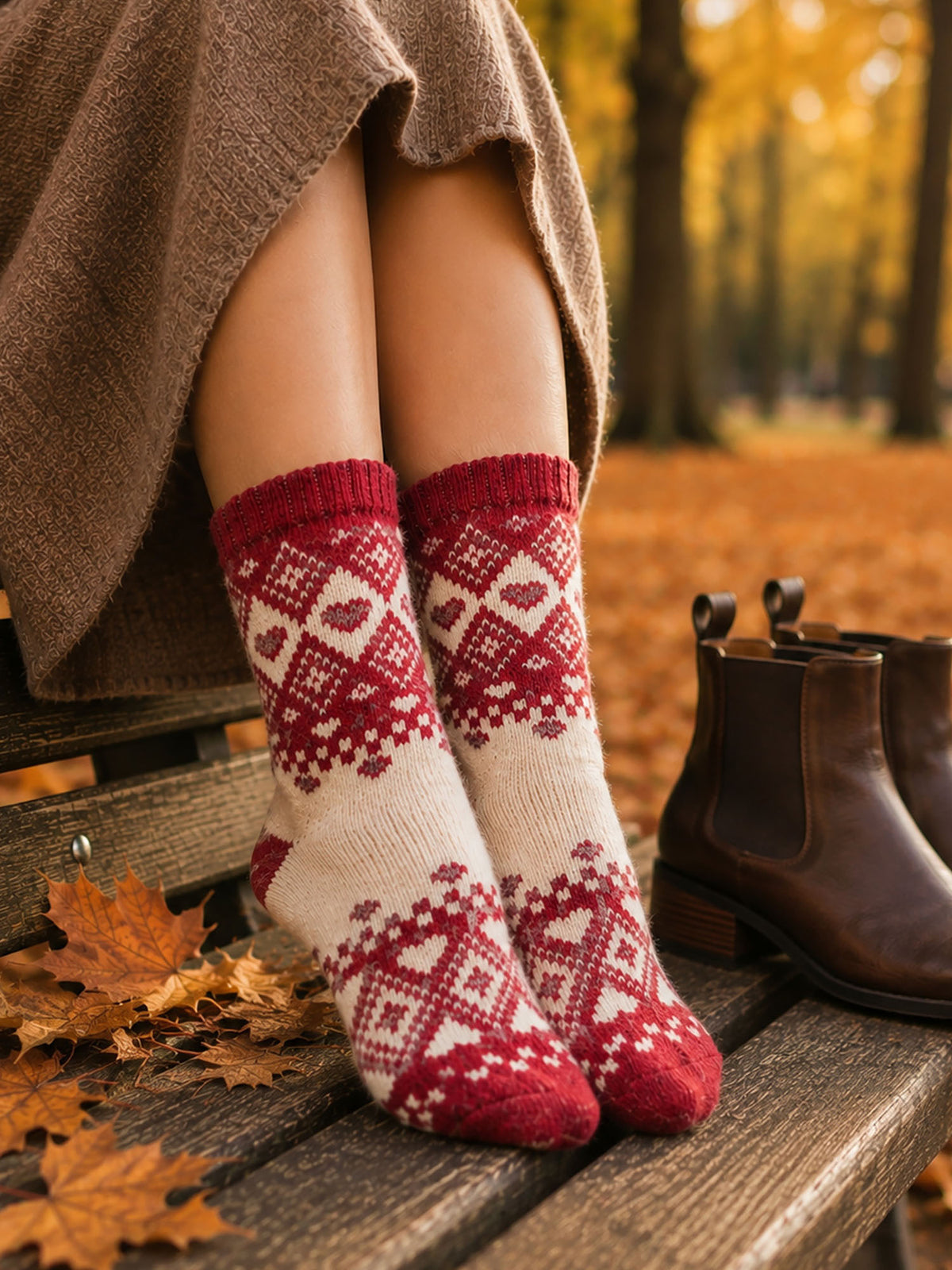 Scandi-Heart-Patterned-Wool-Socks-in-Red/Cream