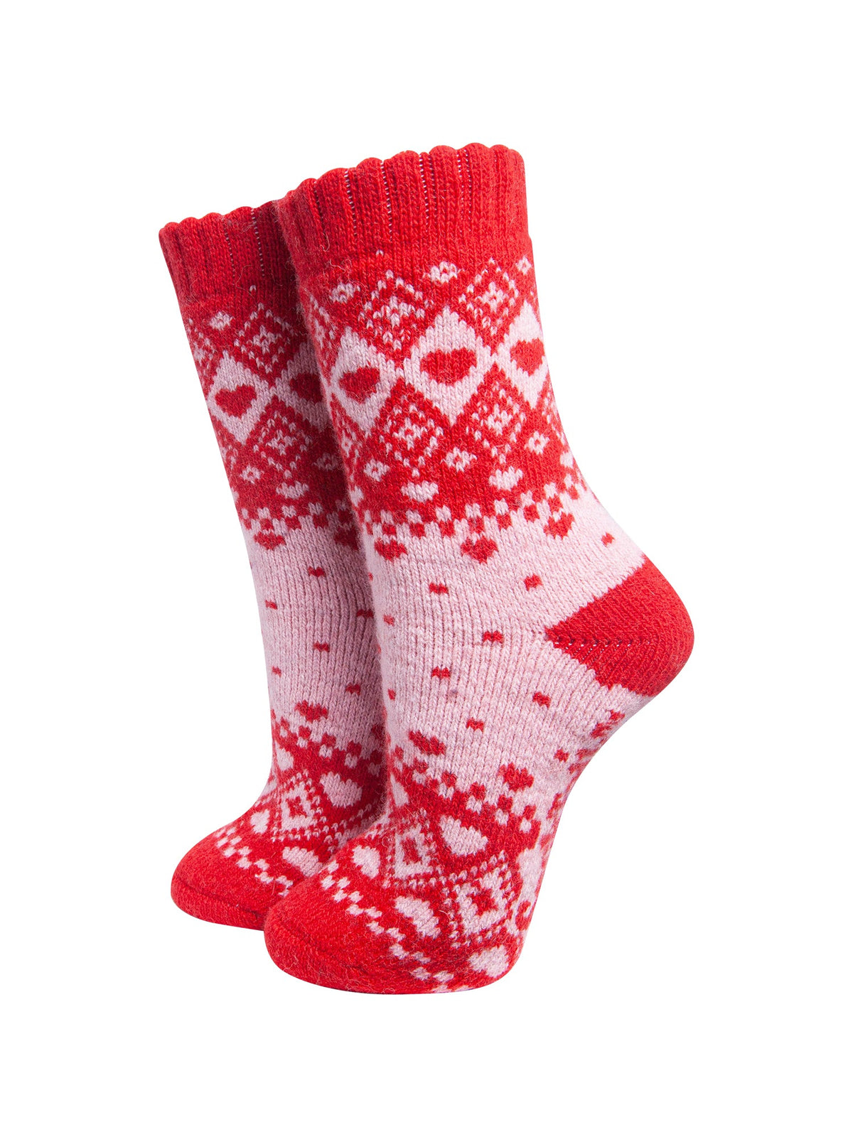 Scandi Heart Patterned Wool Socks in Soft Pink/Red-On-Mannequin