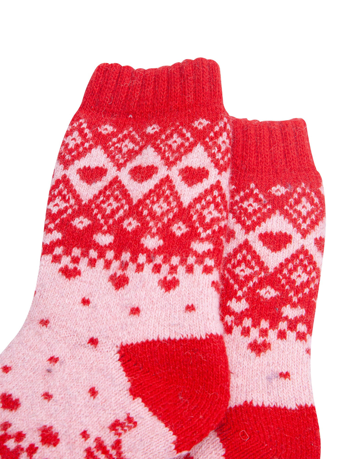 Scandi Heart Patterned Wool Socks in Soft Pink/Red-Close-Up