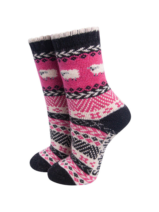 Sheep-Patterned-Wool-Socks-in-Hot-Pink-On-Mannequin