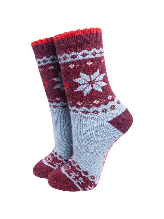 Nordic-Snowflake-Patterned-Wool-Socks-in-Sky-Blue/Burgundy-On-Mannequin
