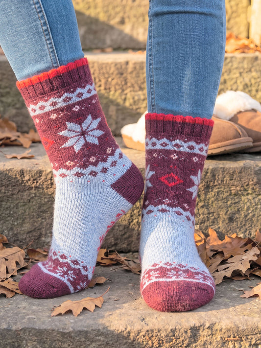 Nordic-Snowflake-Patterned-Wool-Socks-in-Sky-Blue/Burgundy