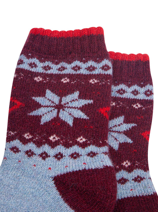Nordic-Snowflake-Patterned-Wool-Socks-in-Sky-Blue/Burgundy-Close-Up