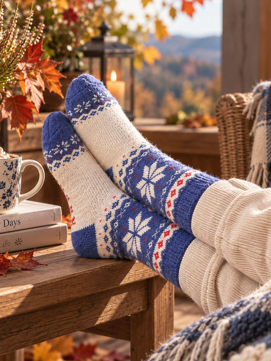 Nordic-Snowflake-Patterned-Wool-Socks-in-Cream/Deep-Blue