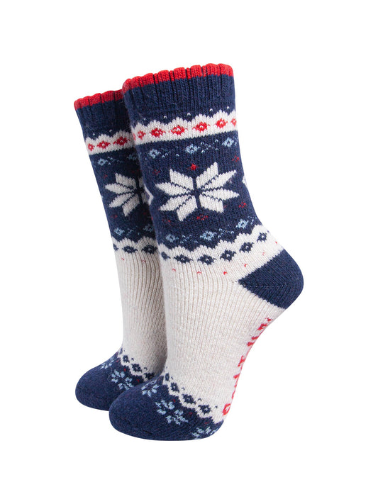 Nordic-Snowflake-Patterned-Wool-Socks-in-Cream/Navy-Blue-On-Mannequin