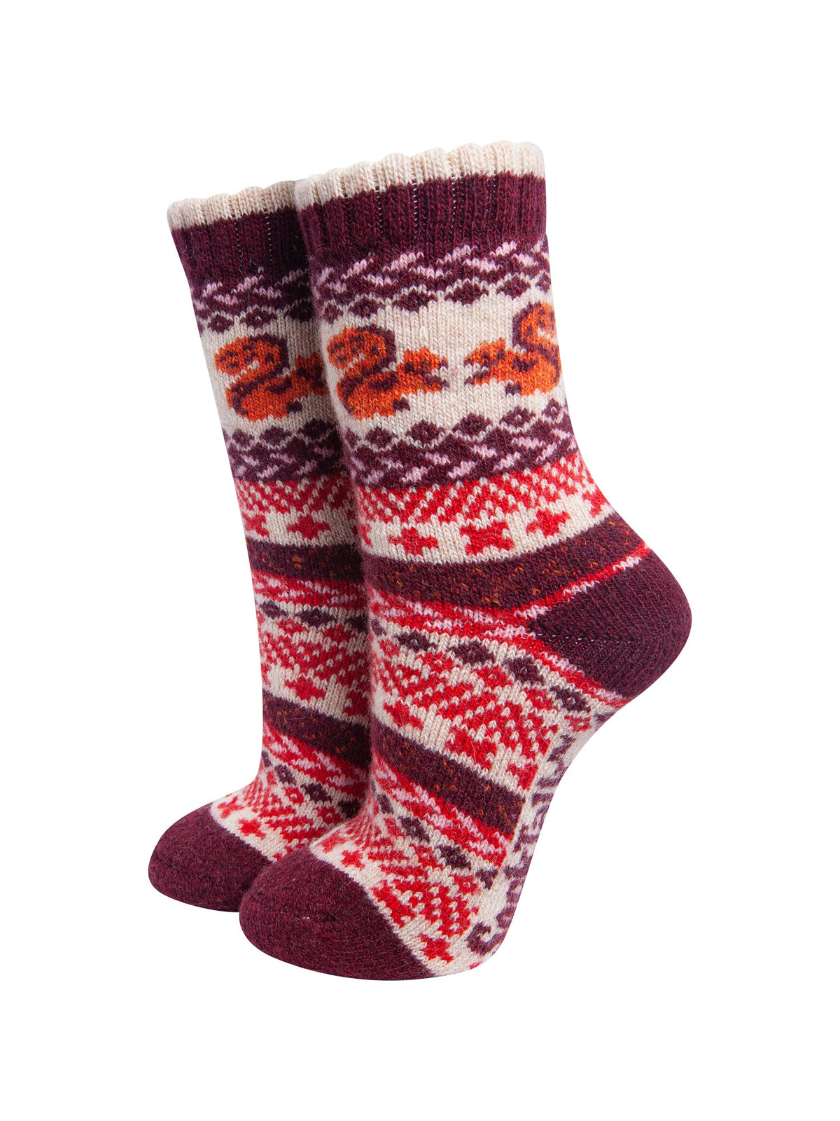 Squirrel-Patterned-Wool-Socks-in-Cream/Burgundy-On-Mannequin