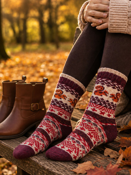 Squirrel-Patterned-Wool-Socks-in-Cream/Burgundy