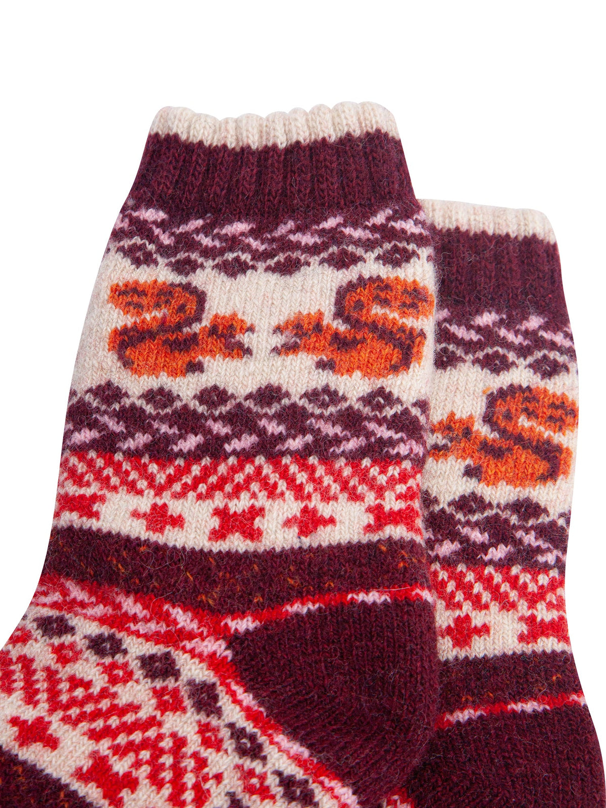 Squirrel-Patterned-Wool-Socks-in-Cream/Burgundy-Close-Up