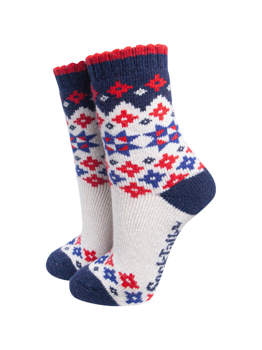 Star--Patterned-Wool-Socks-in-Cream/Navy-Blue-On-Mannequin