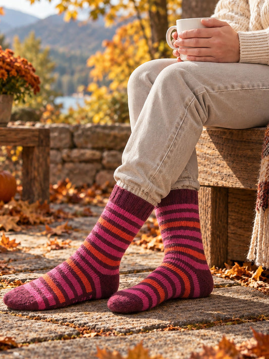 Stripe-Patterned-Wool-Socks-in-Burgundy/Orange