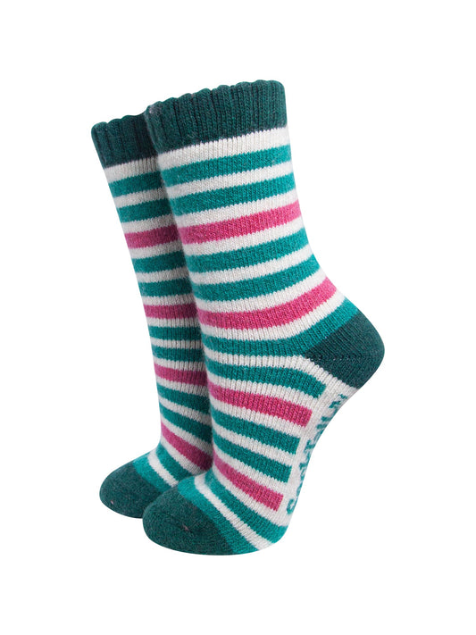 Stripe-Patterned-Wool-Socks-in-Forest-Green/Pink-On-Mannequin