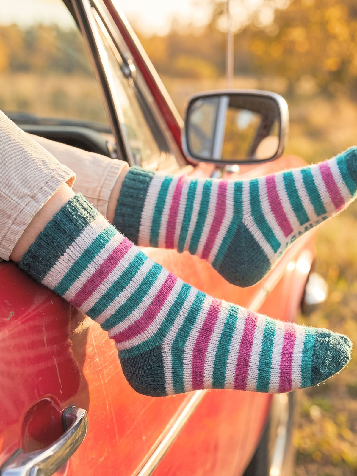 Stripe-Patterned-Wool-Socks-in-Forest-Green/Pink