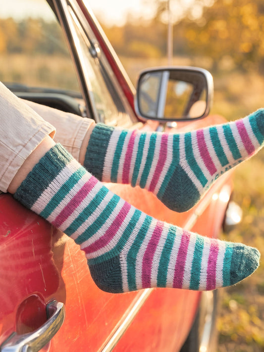 Stripe-Patterned-Wool-Socks-in-Forest-Green/Pink