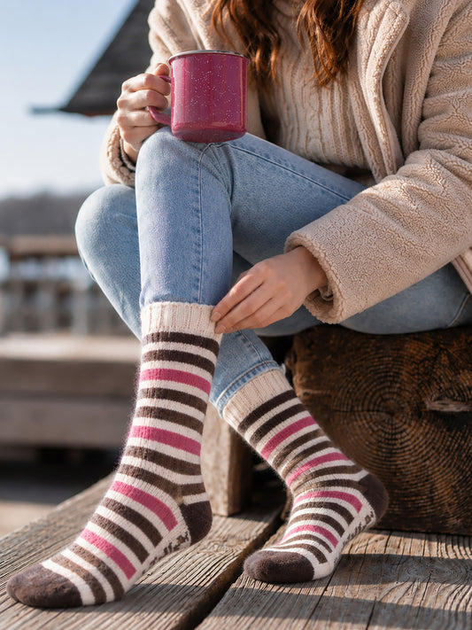 Stripe-Patterned-Wool-Socks-in-Cream/Brown/Pink