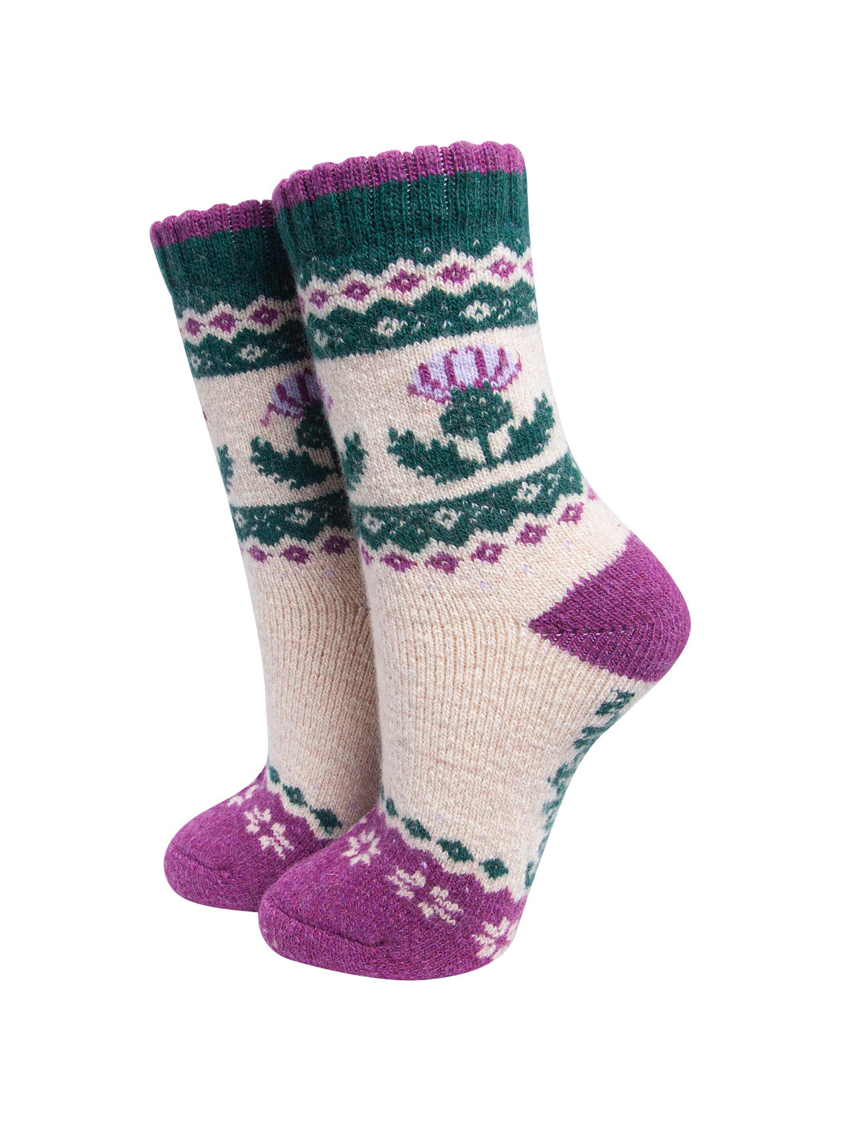 Thistle-Patterned-Wool-Socks-in-Cream/Green-On-Mannequin