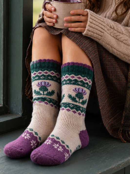 Thistle-Patterned-Wool-Socks-in-Cream/Green