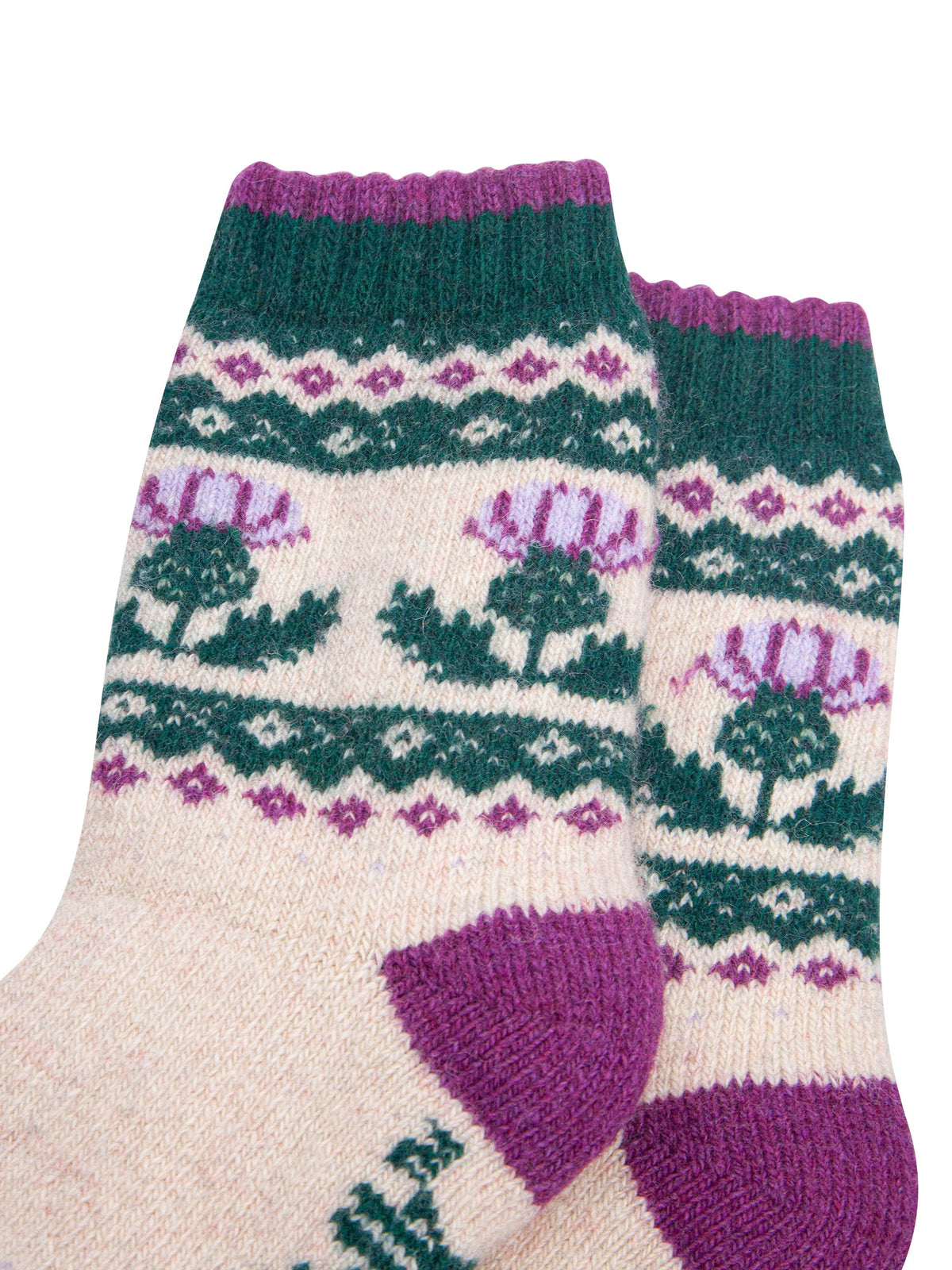 Thistle-Patterned-Wool-Socks-in-Cream/Green-Close-Up