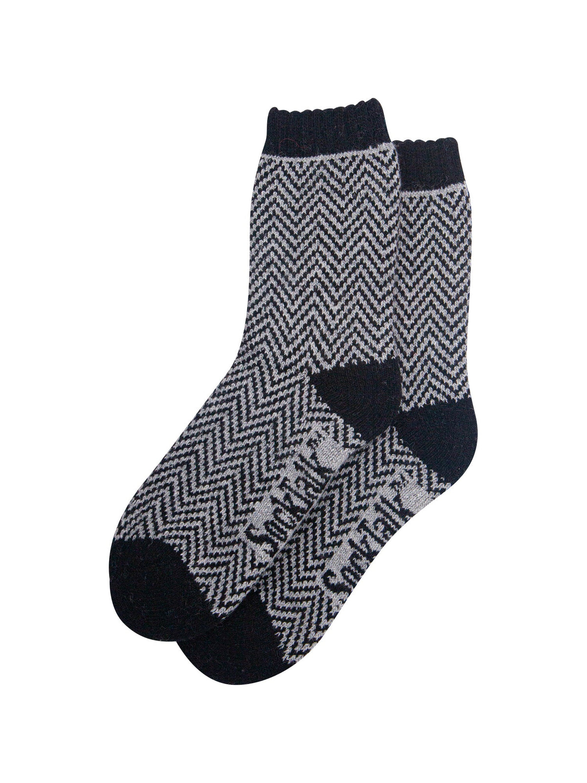 Chevron-Patterned-Wool-Socks-in-Grey/Black-Laid-Flat