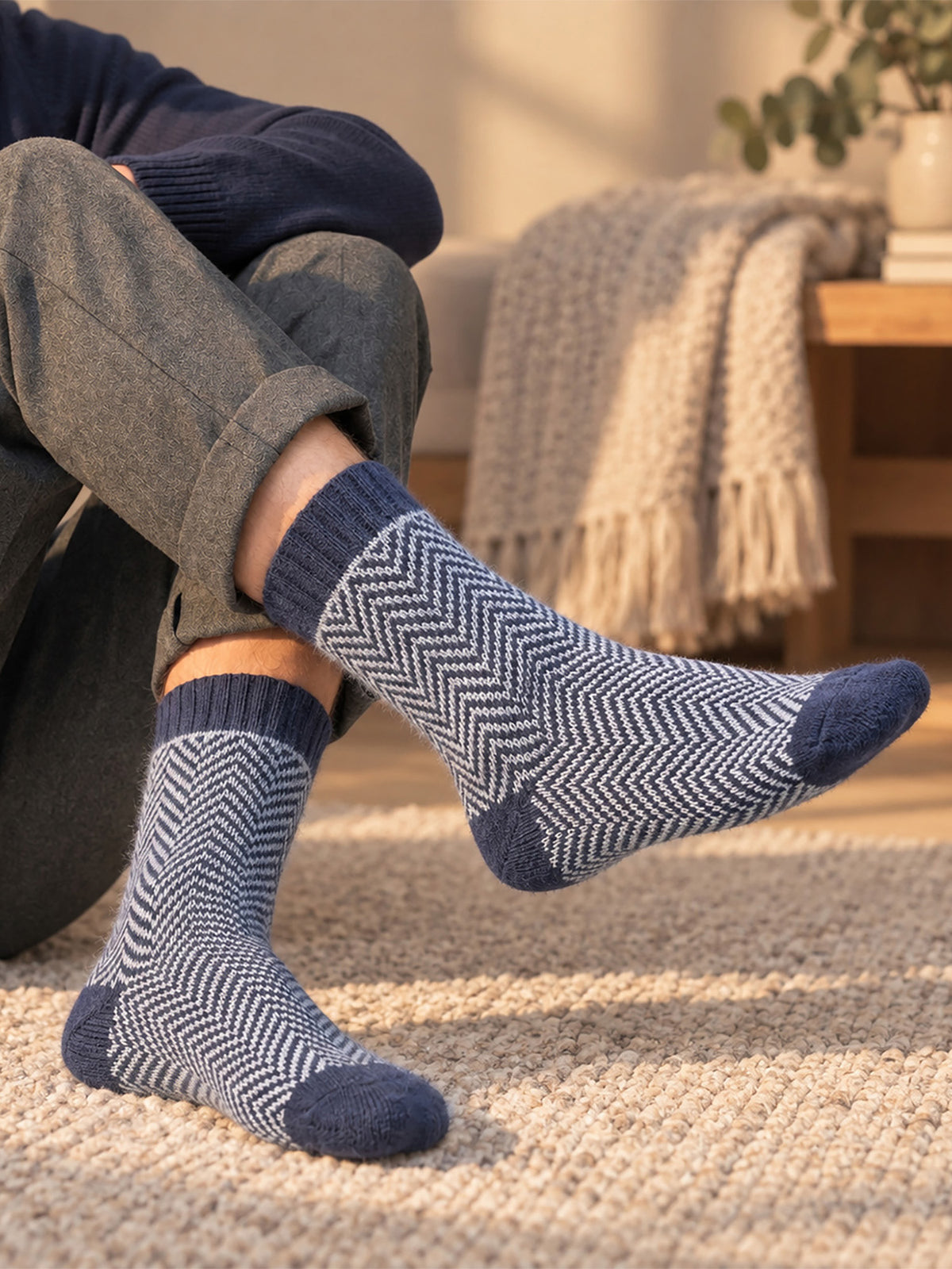 Chevron-Patterned-Wool-Socks-in-Denim-Blue