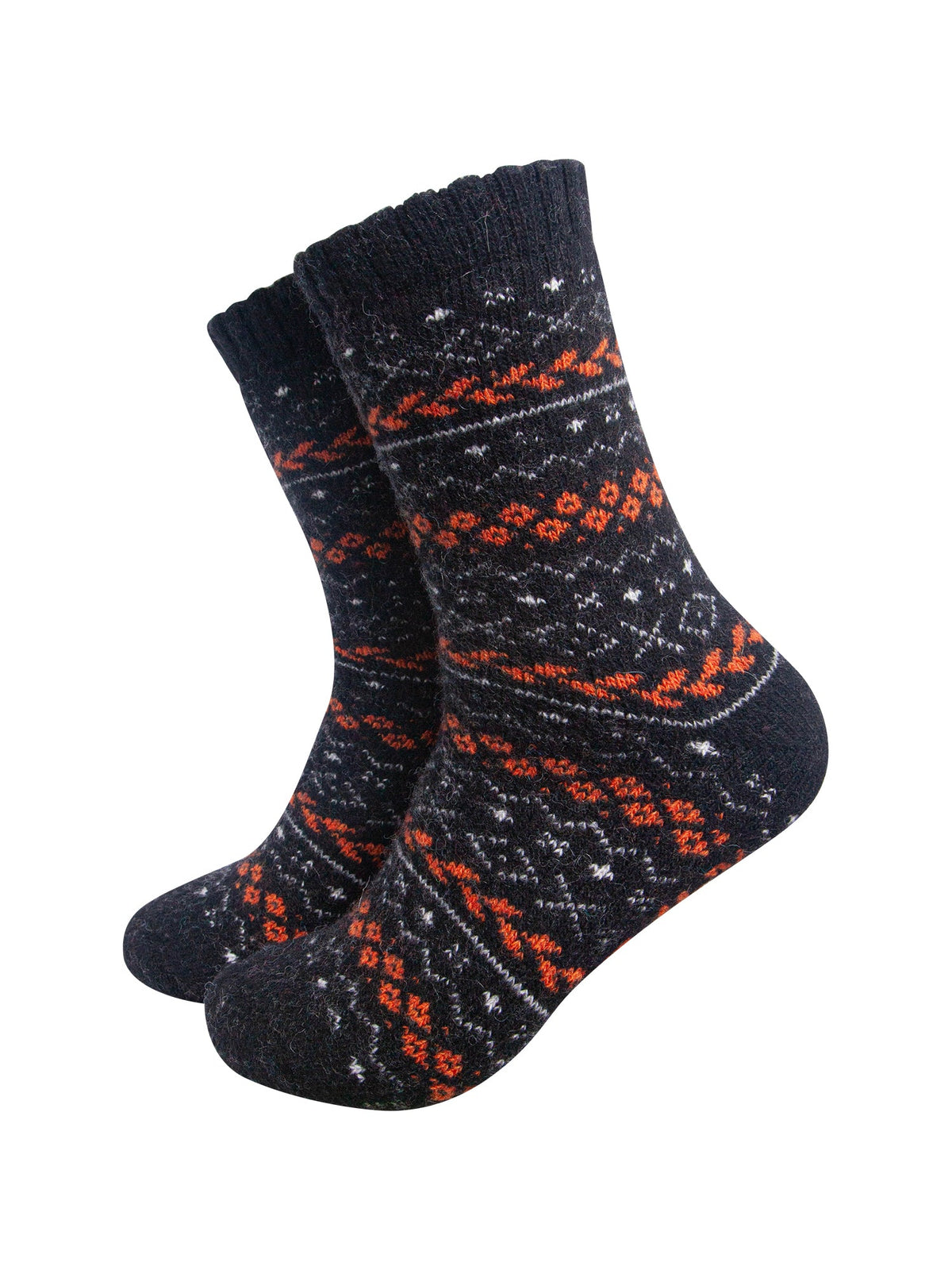 Fair-Isle-Patterned-Wool-Socks-in-Black/Orange-On-Mannequin