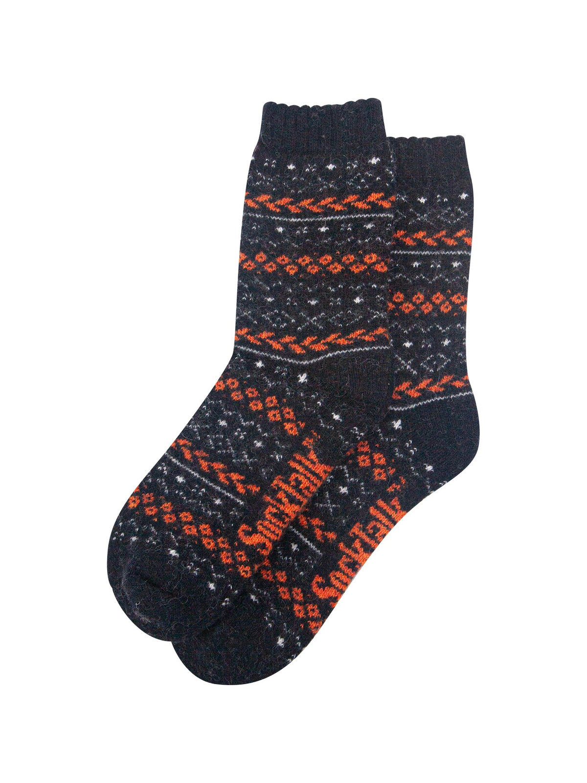 Fair-Isle-Patterned-Wool-Socks-in-Black/Orange-Laid-Flat