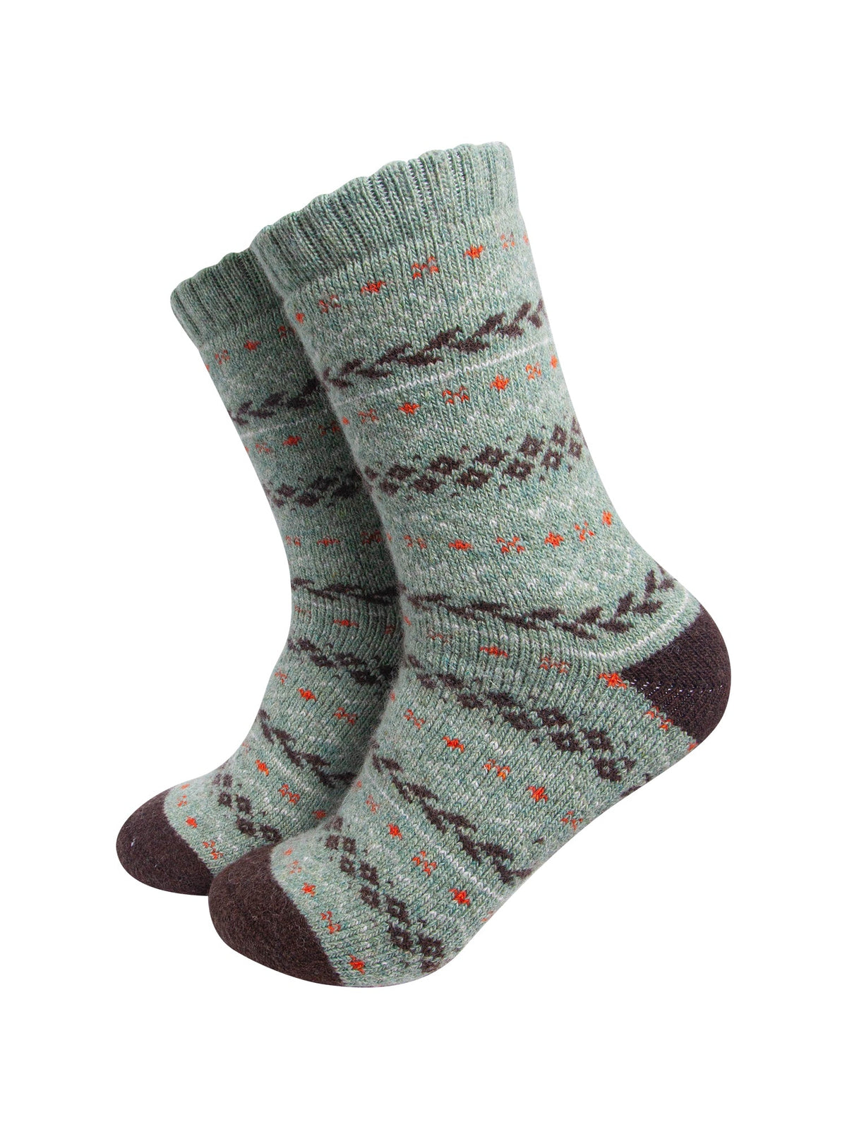 Fair-Isle-Patterned-Wool-Socks-in-Green/Brown-On-Mannequin