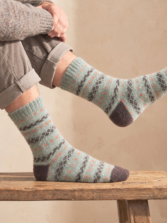 Fair-Isle-Patterned-Wool-Socks-in-Green/Brown
