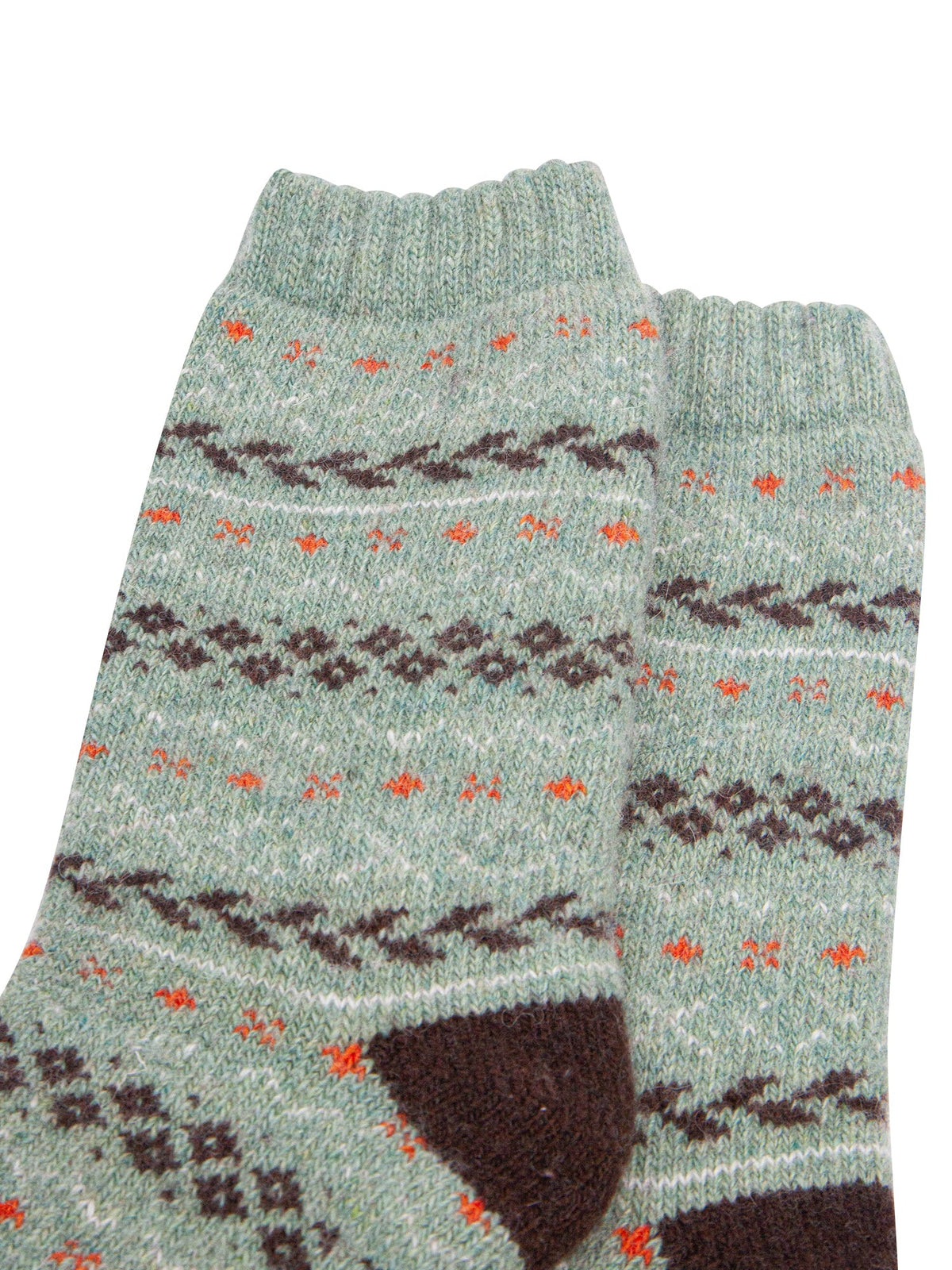 Fair-Isle-Patterned-Wool-Socks-in-Green/Brown-Close-Up