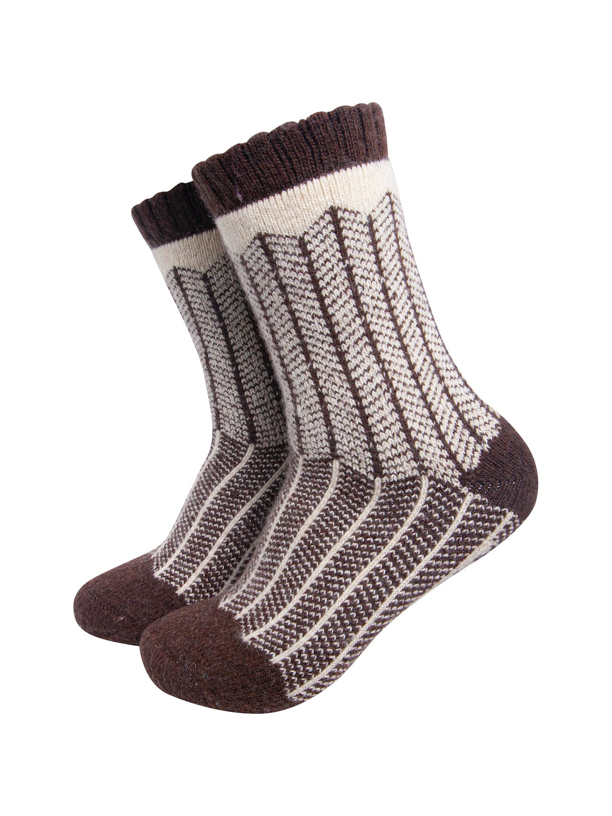 Herringbone-Patterned-Wool-Socks-in-Brown/Oat-On-Mannequin