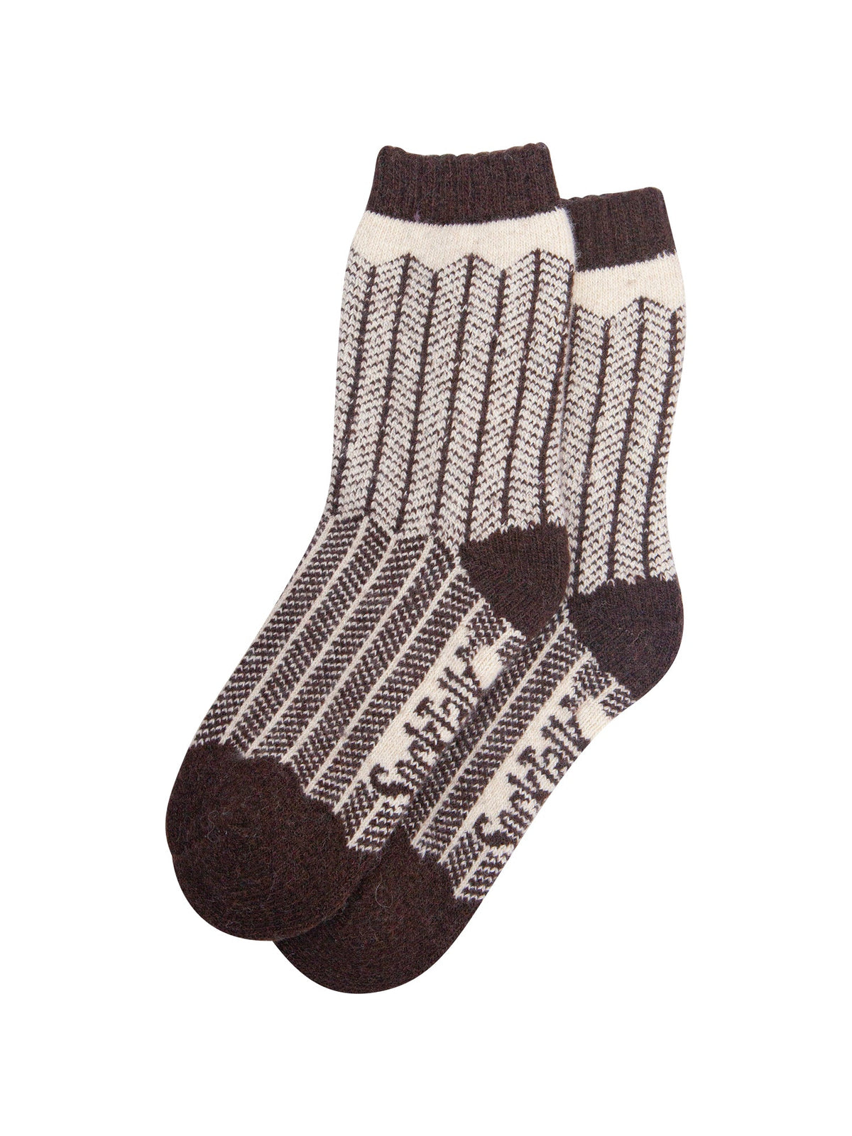 Herringbone-Patterned-Wool-Socks-in-Brown/Oat-Laid-Flat