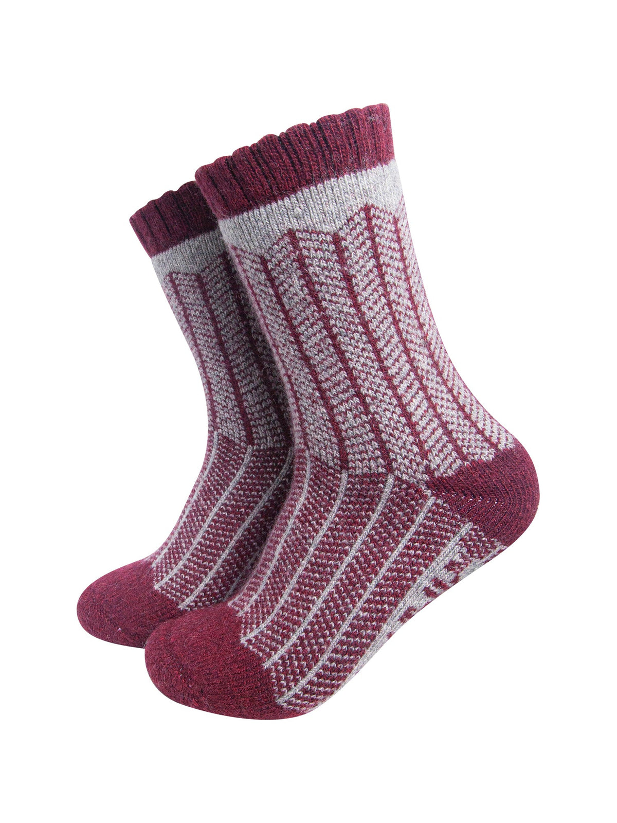 Herringbone-Patterned-Wool-Socks-in-Grey-Marl/Burgundy-On-Mannequin