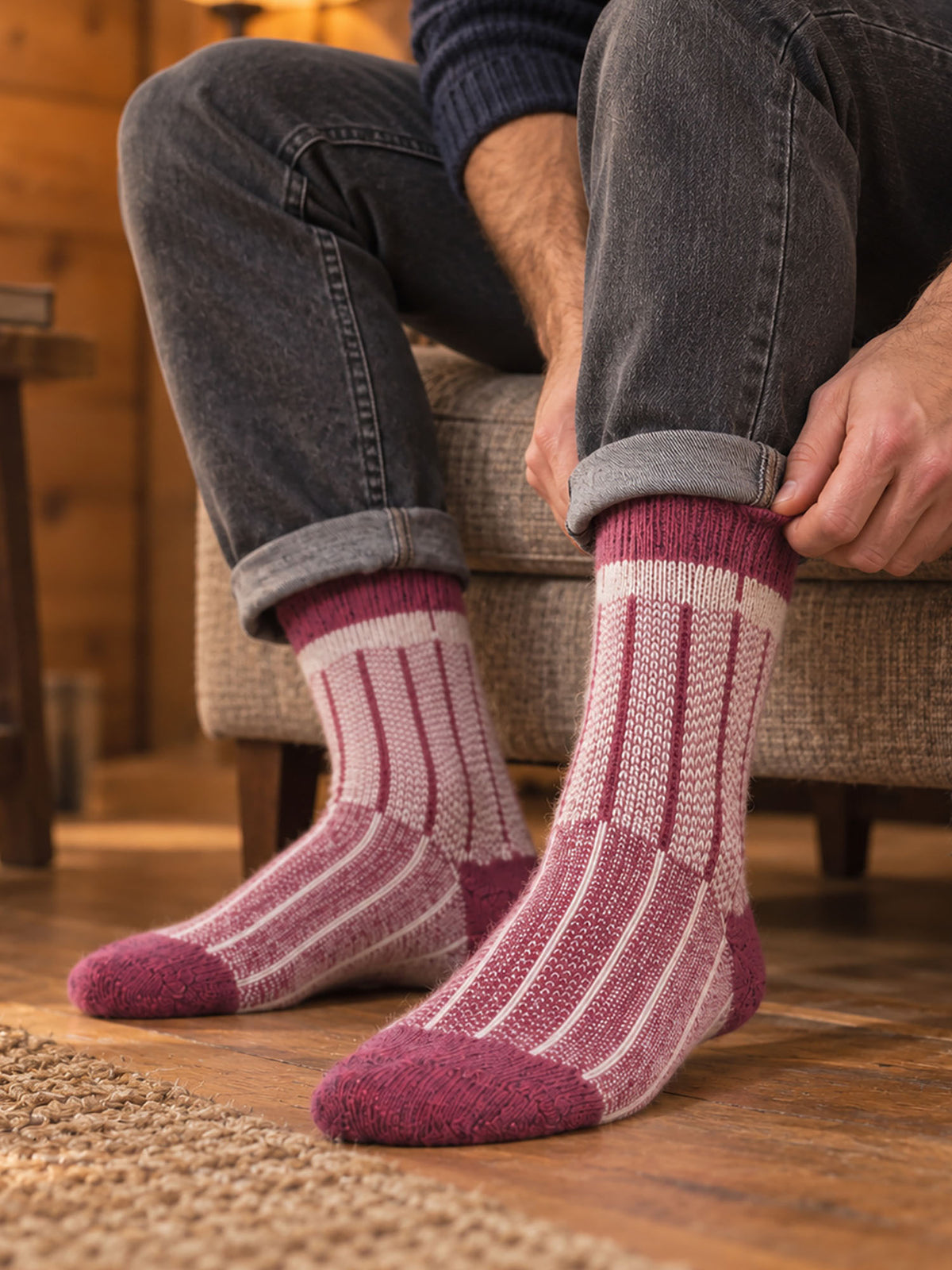 Herringbone-Patterned-Wool-Socks-in-Grey-Marl/Burgundy