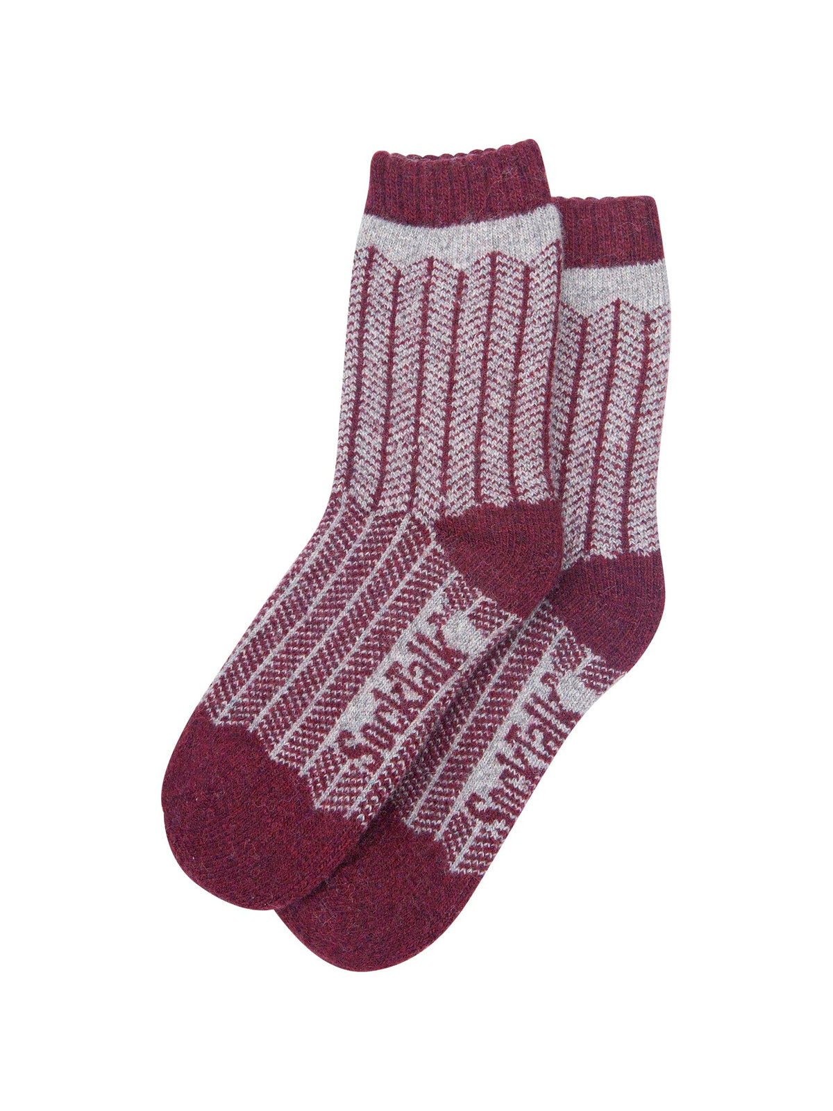 Herringbone-Patterned-Wool-Socks-in-Grey-Marl/Burgundy-Laid-Flat