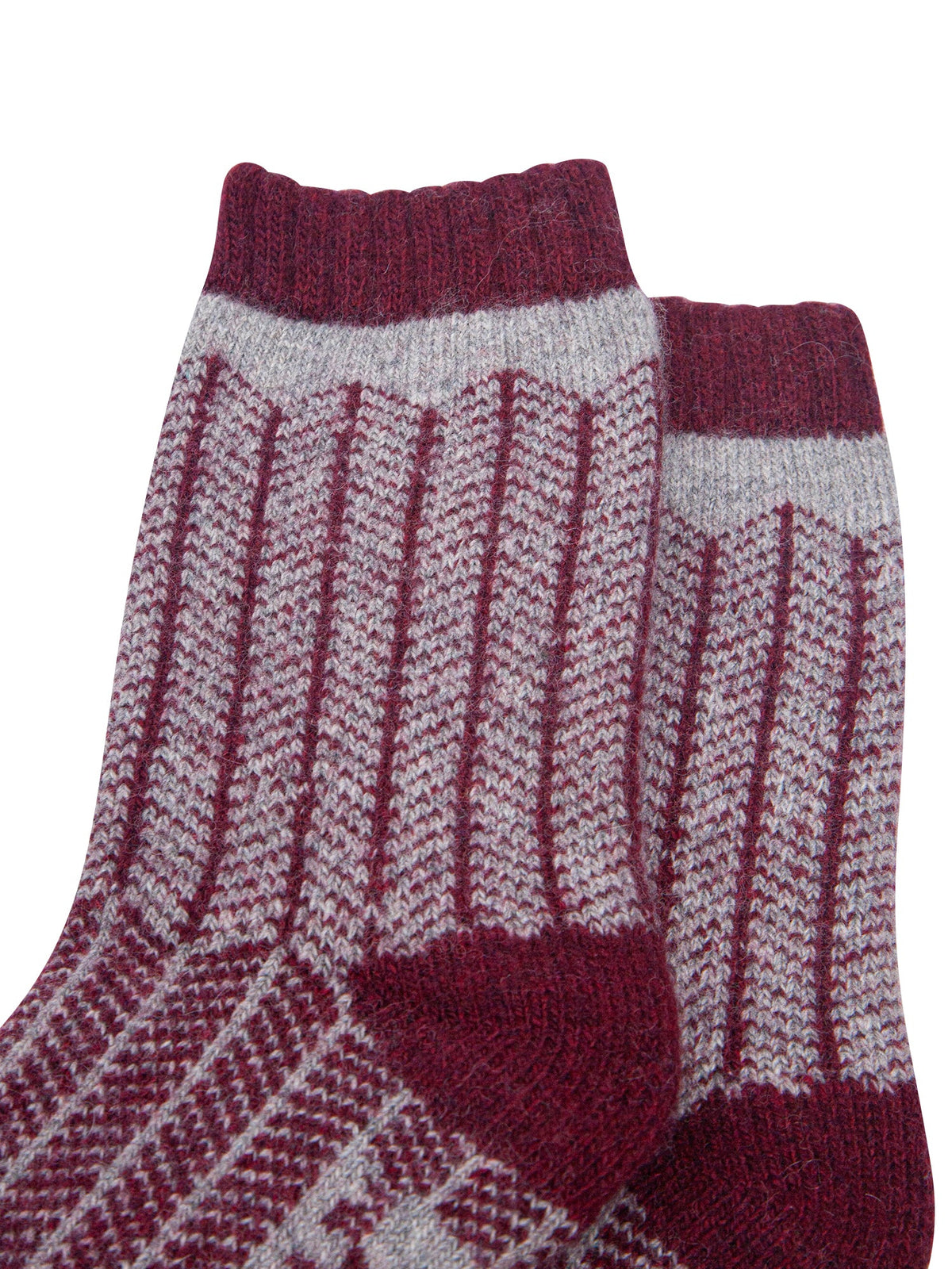 Herringbone-Patterned-Wool-Socks-in-Grey-Marl/Burgundy-Close-Up