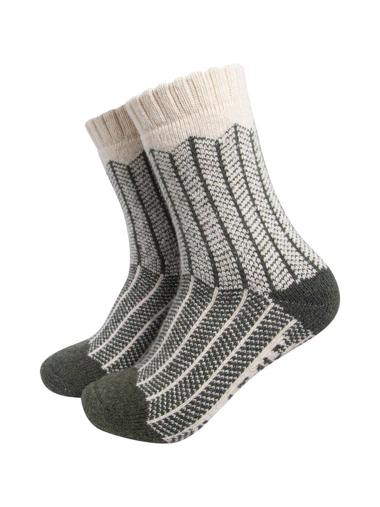 Herringbone-Patterned-Wool-Socks-in-Khaki-Green/Oat-On-Mannequin