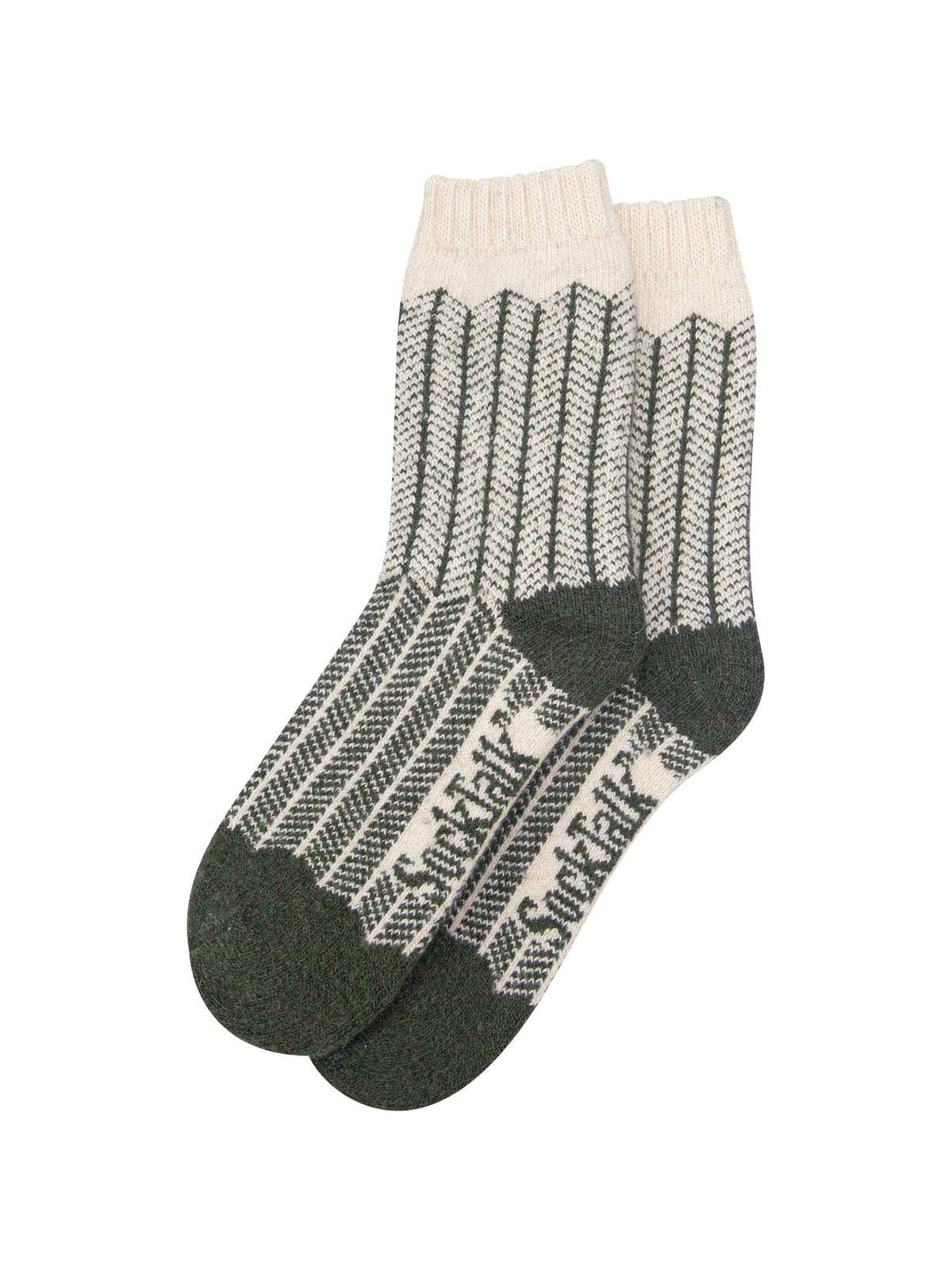 Herringbone-Patterned-Wool-Socks-in-Khaki-Green/Oat-In-Packaging