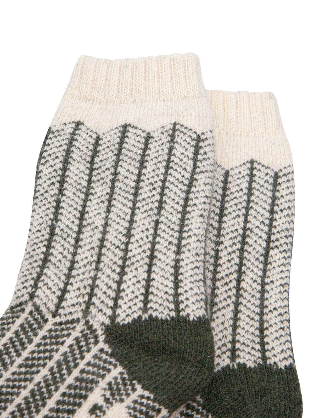 Herringbone-Patterned-Wool-Socks-in-Khaki-Green/Oat-Close-Up-Close-Up