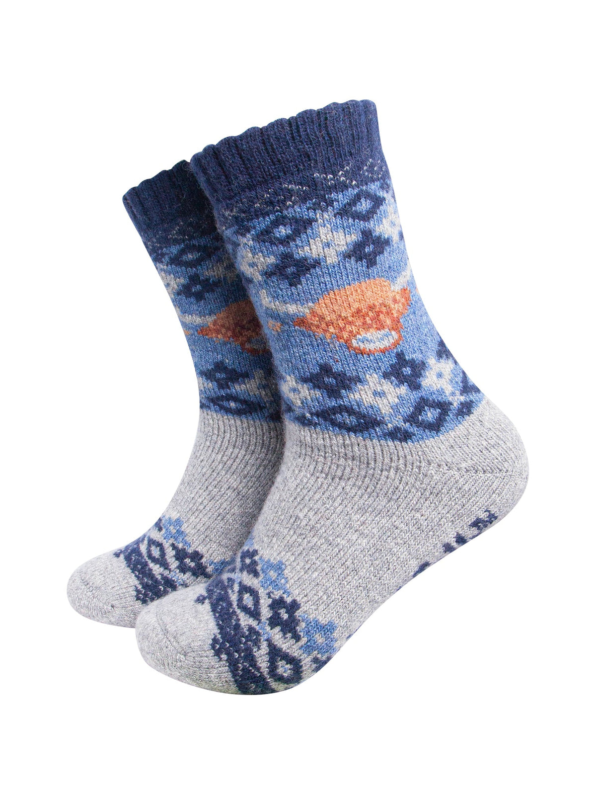 Highland-Cow-Patterned-Wool-Socks-in-Denim-Blue-On-Mannequin