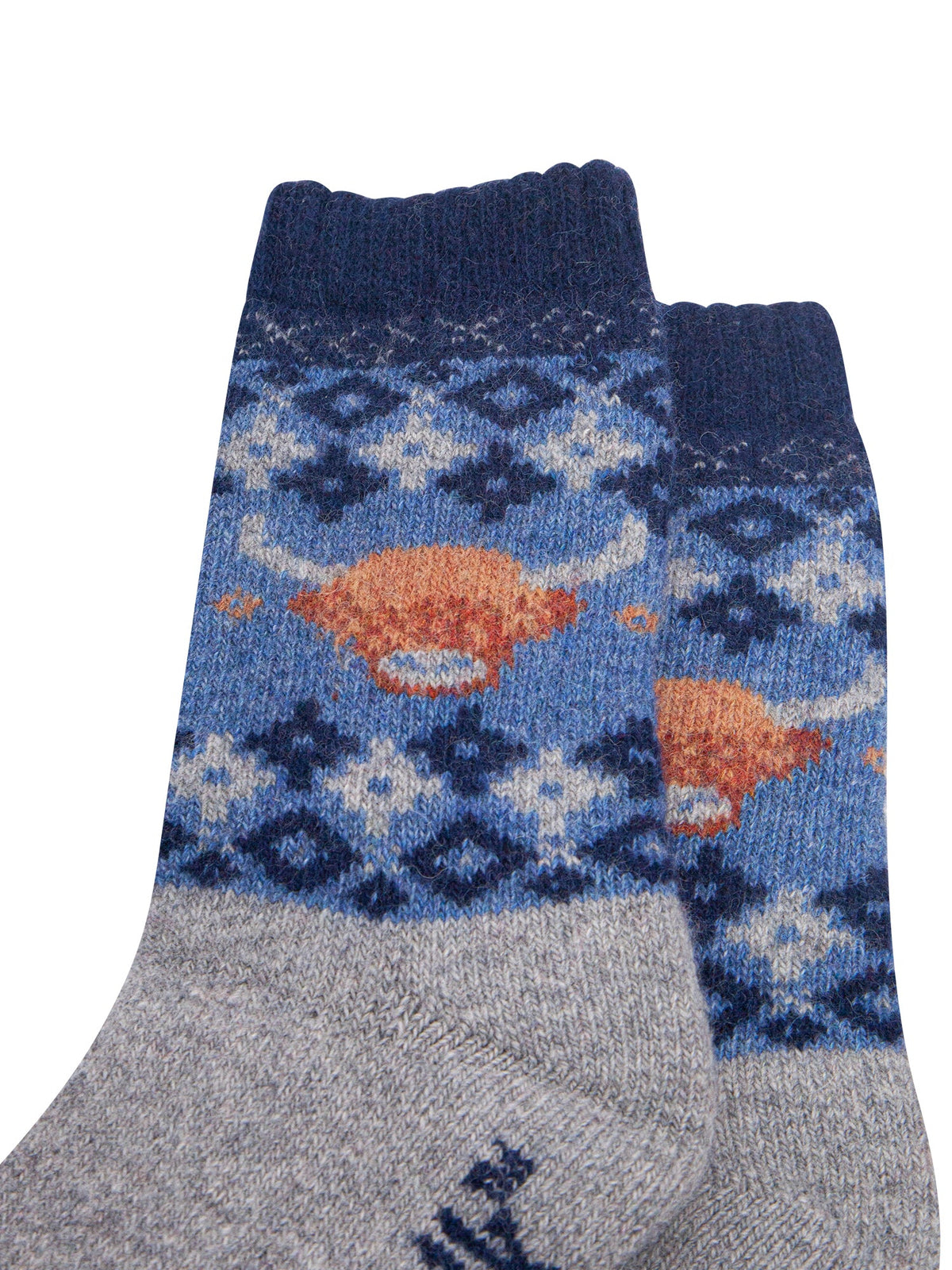 Highland-Cow-Patterned-Wool-Socks-in-Denim-Blue-Close-Up
