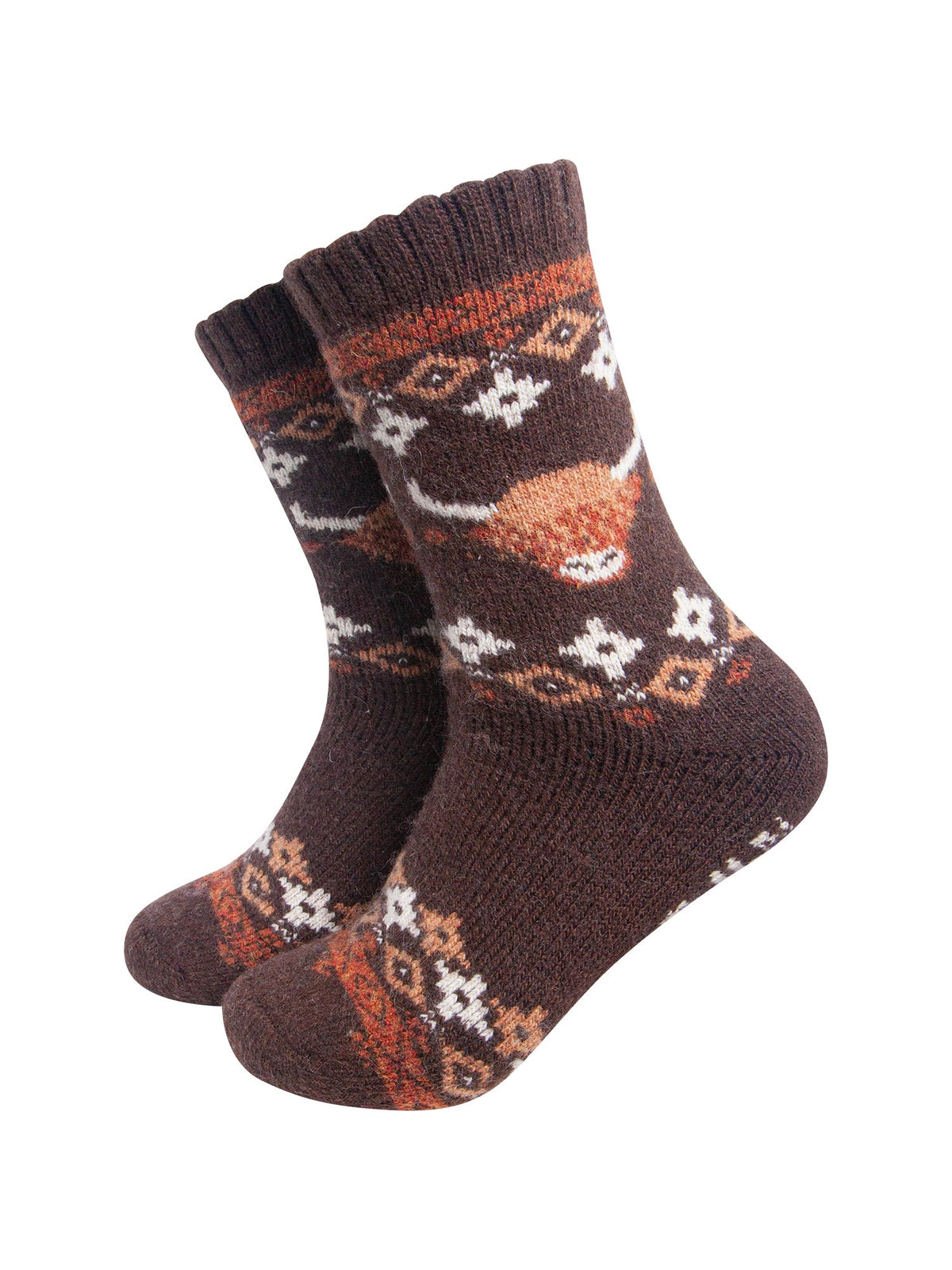Highland-Cow-Patterned-Wool-Socks-in-Brown-On-Mannequin