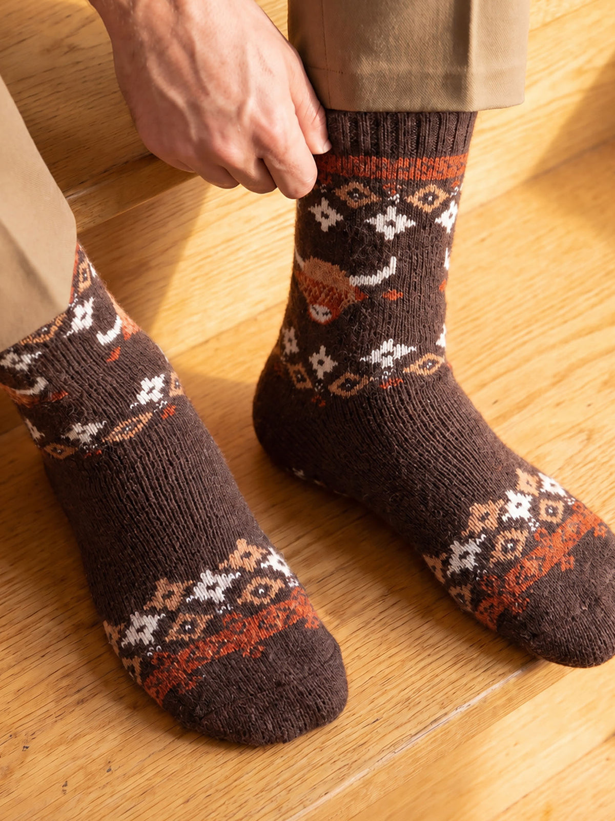 Highland-Cow-Patterned-Wool-Socks-in-Brown