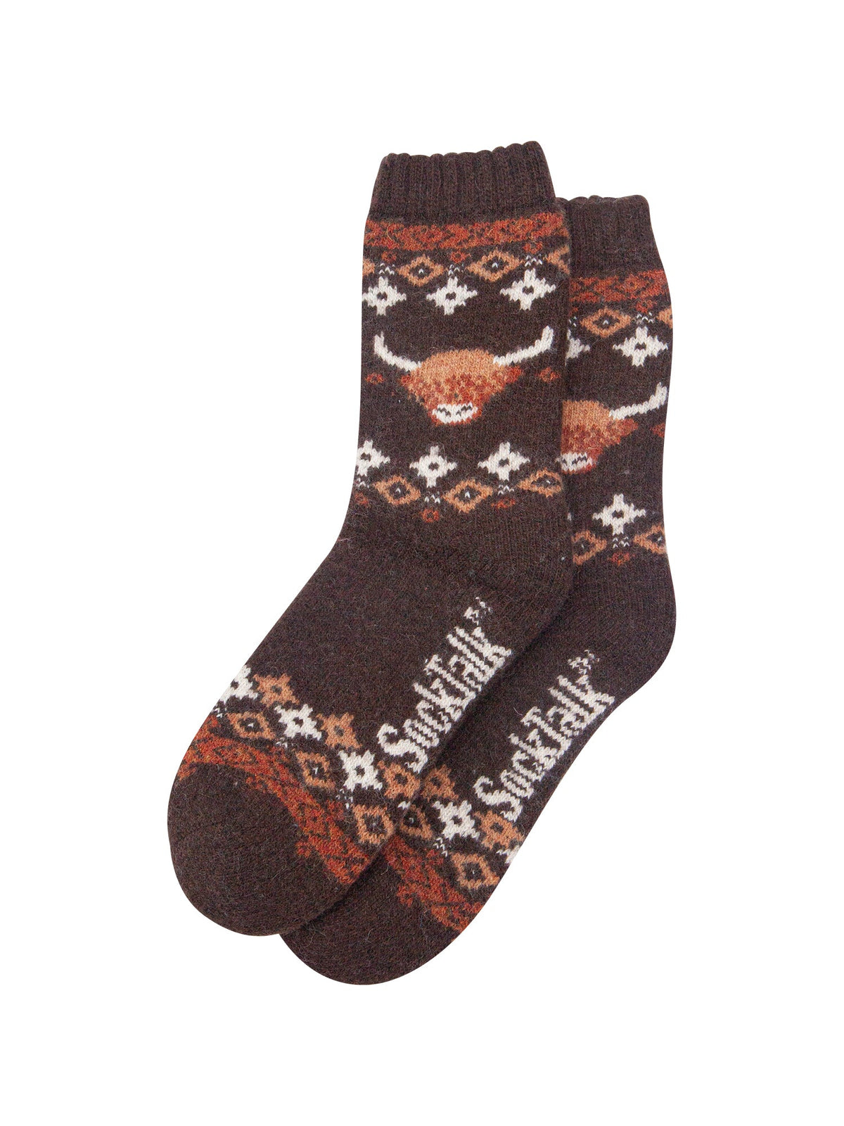 Highland-Cow-Patterned-Wool-Socks-in-Brown-Laid-Flat
