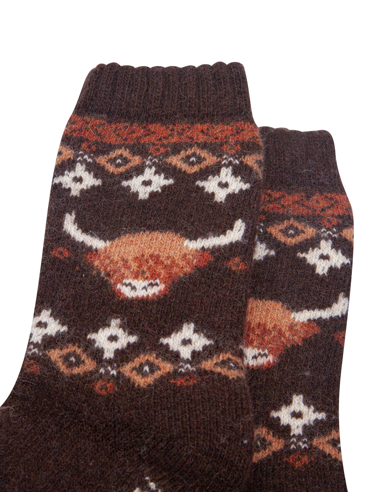 Highland-Cow-Patterned-Wool-Socks-in-Brown-Close-Up