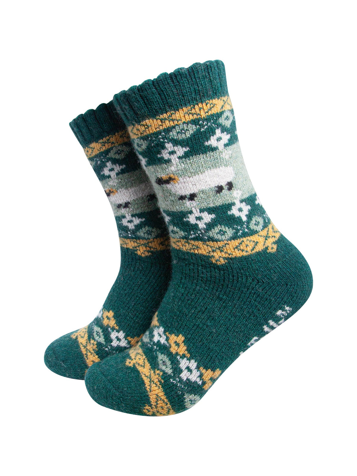 Sheep-Patterned-Wool-Socks-in-Green-On-Mannequin