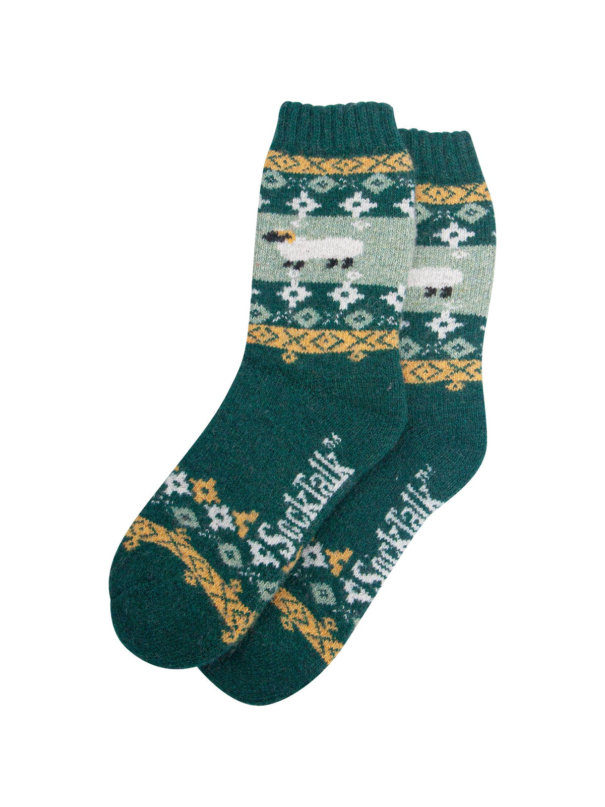 Sheep-Patterned-Wool-Socks-in-Green-Laid-Flat