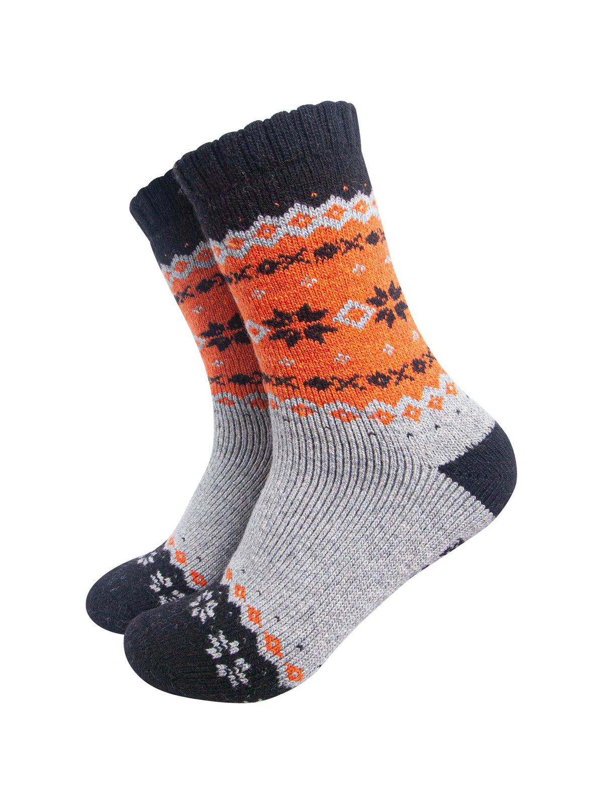 Nordic-Snowflake-Patterned-Wool-Socks-in-Grey-Marl/Orange-On-Mannequin