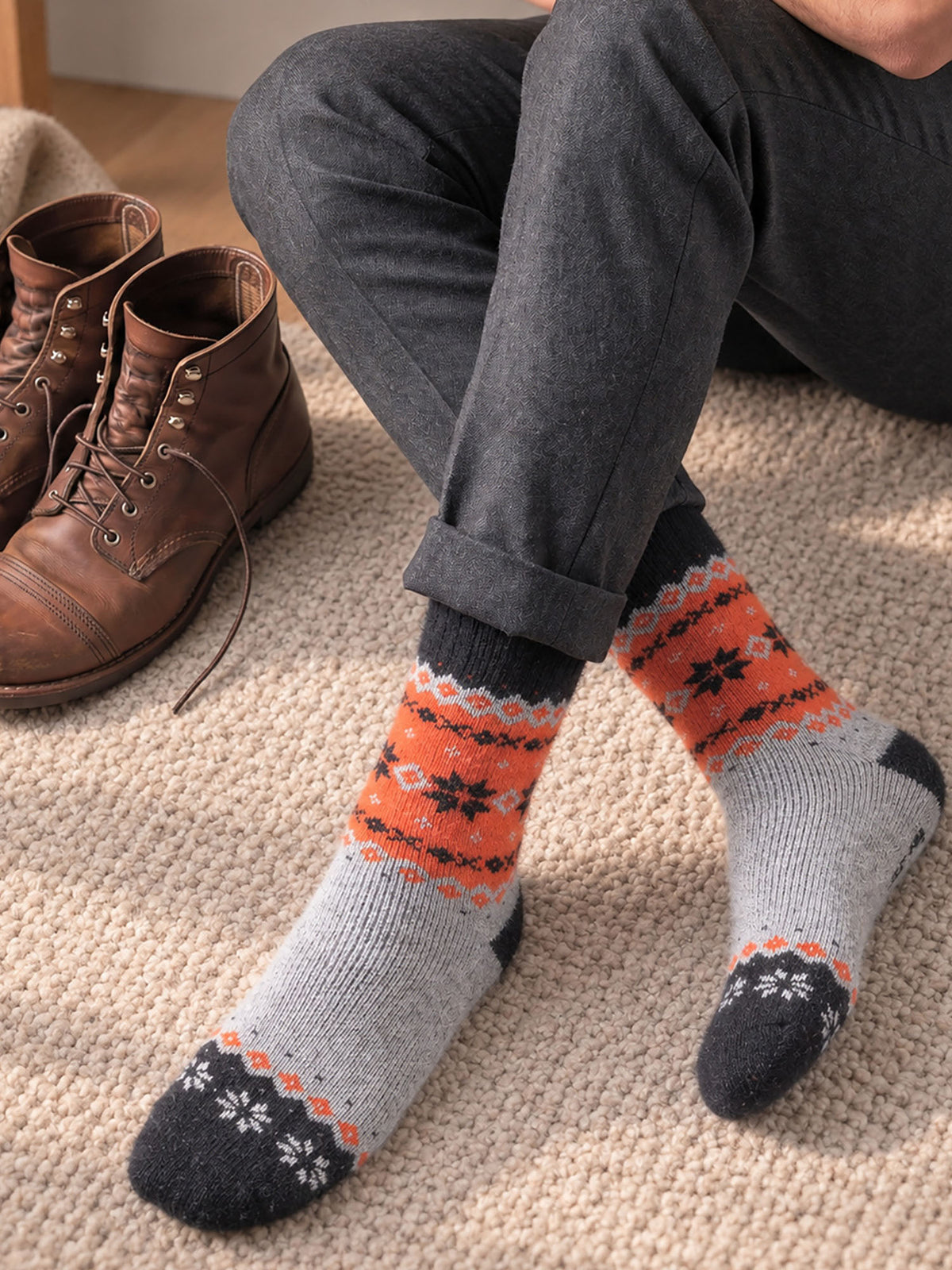 Nordic-Snowflake-Patterned-Wool-Socks-in-Grey-Marl/Orange