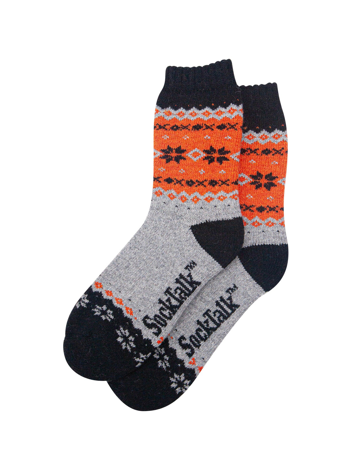 Nordic-Snowflake-Patterned-Wool-Socks-in-Grey-Marl/Orange-Laid-Flat