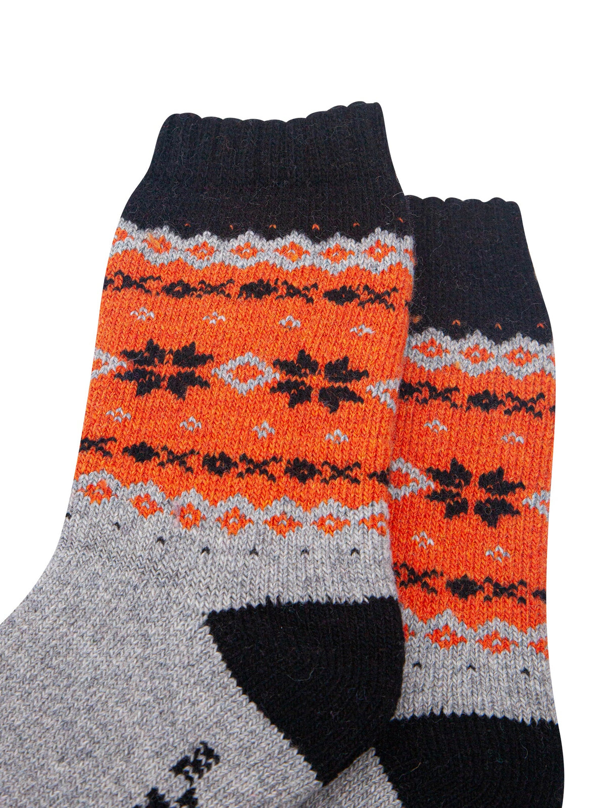 Nordic-Snowflake-Patterned-Wool-Socks-in-Grey-Marl/Orange-Close-Up