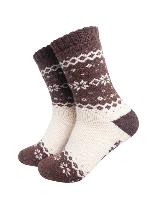 Nordic-Snowflake-Patterned-Wool-Socks-in-Brown/Oat-On-Mannequin